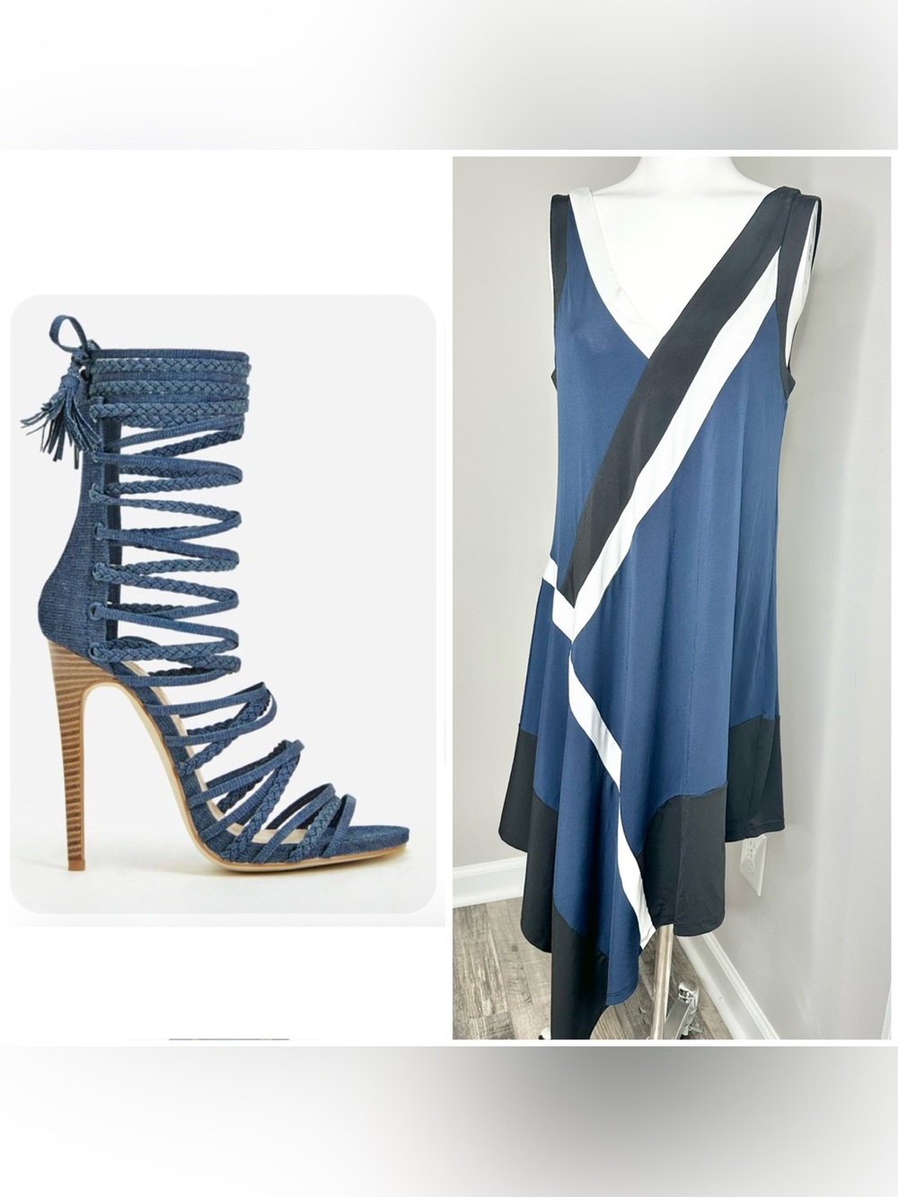BCBGMaxAzria Navy Blue V-Neck Asymmetrical Dress Black and White Stripes- -XS